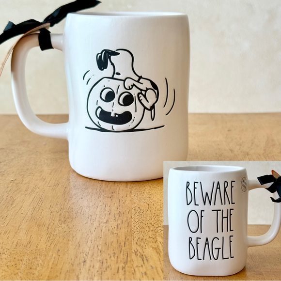 Peanuts x Rae Dunn BEWARE OF THE BEAGLE Snoopy Pumpkin Double Sided Mug NEW!! - Picture 1 of 4